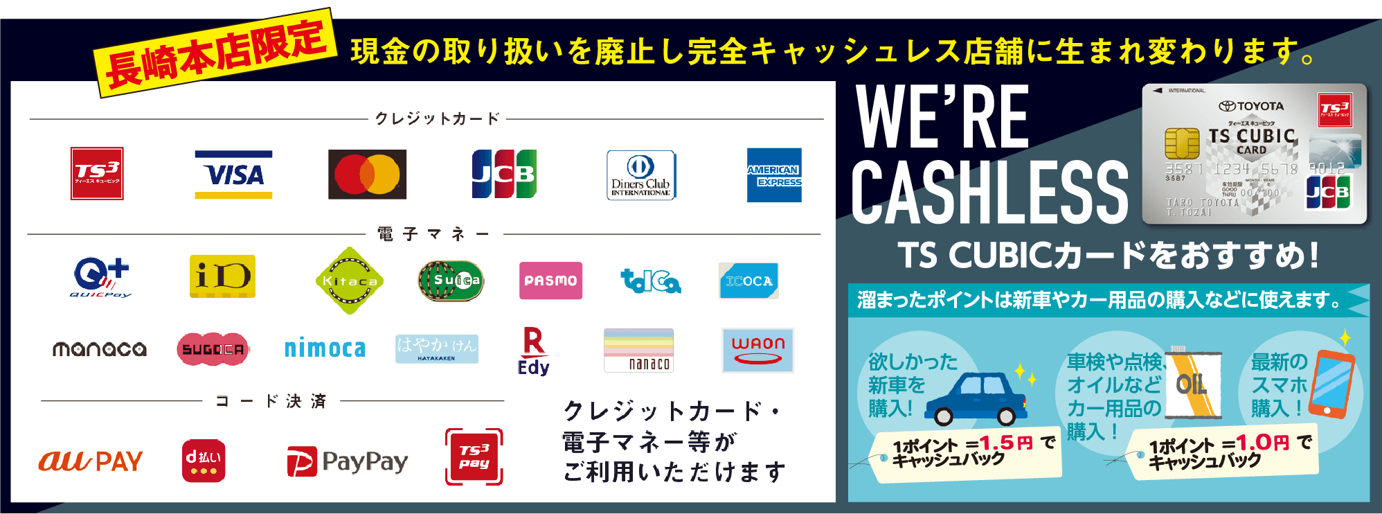 長崎本店限定 現金の取り扱いを廃止し完全キャッシュレス店舗に生まれ変わります。