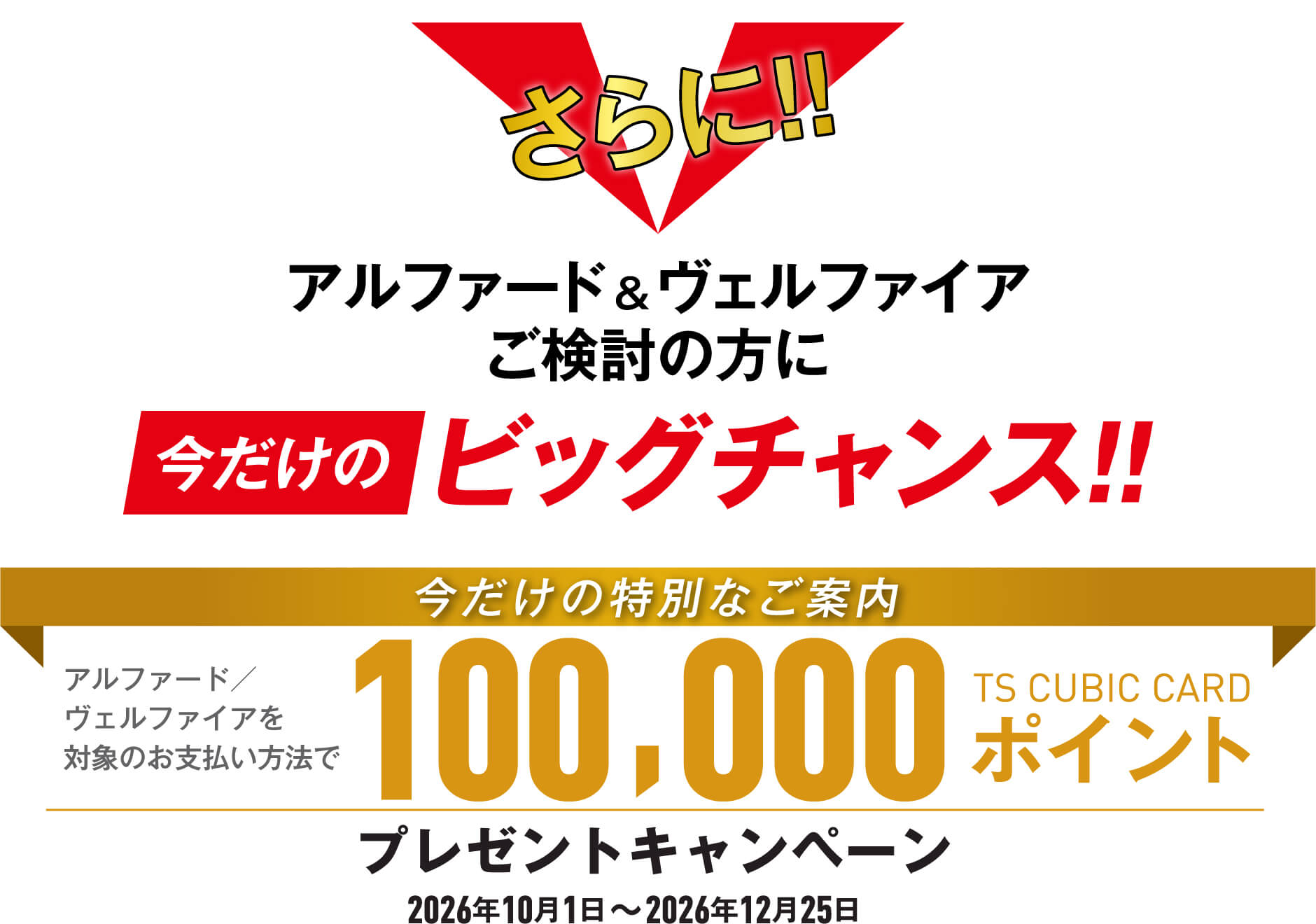さらに！！アルファード＆ヴェルファイアご検討の方に今だけのビッグチャンス！！今だけの特別なご案内アルファード／ヴェルファイアを対象のお支払い方法で100,000ポイントプレゼントキャンペーン